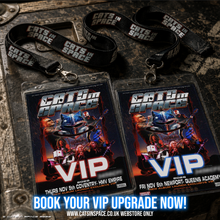 Load image into Gallery viewer, VIP passes and lanyards for 'Cats in Space' event on a metallic surface.