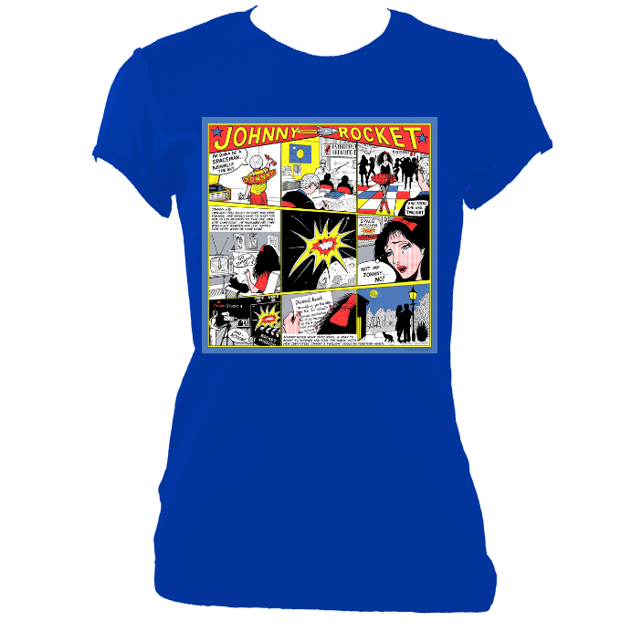 'Johnny Rocket' Cartoon Comic Tee - Women's Fitted in Royal Blue (M-2XL)