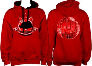 CATS in SPACE 'Red Cat Pod and Mirrorball' Fire Red & Jet Black Hoodie (Sm - 2XL)