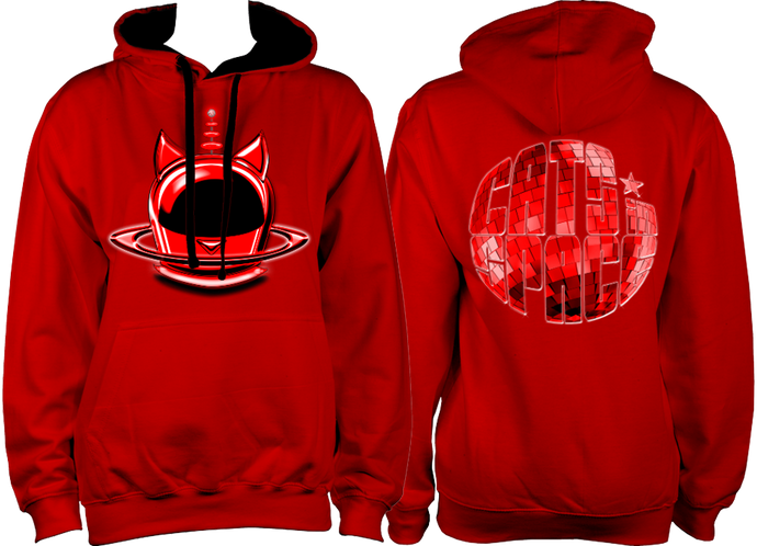 CATS in SPACE 'Red Cat Pod and Mirrorball' Fire Red & Jet Black Hoodie (Sm - 2XL)